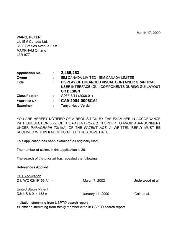 Canadian Patent Document 2466253. Prosecution-Amendment 20090317. Image 1 of 5