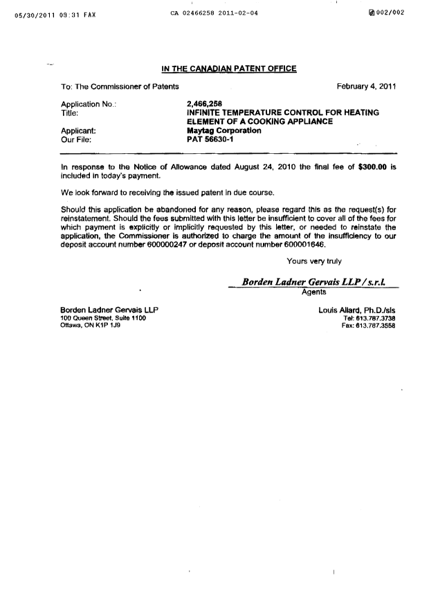Canadian Patent Document 2466258. Correspondence 20110204. Image 1 of 2