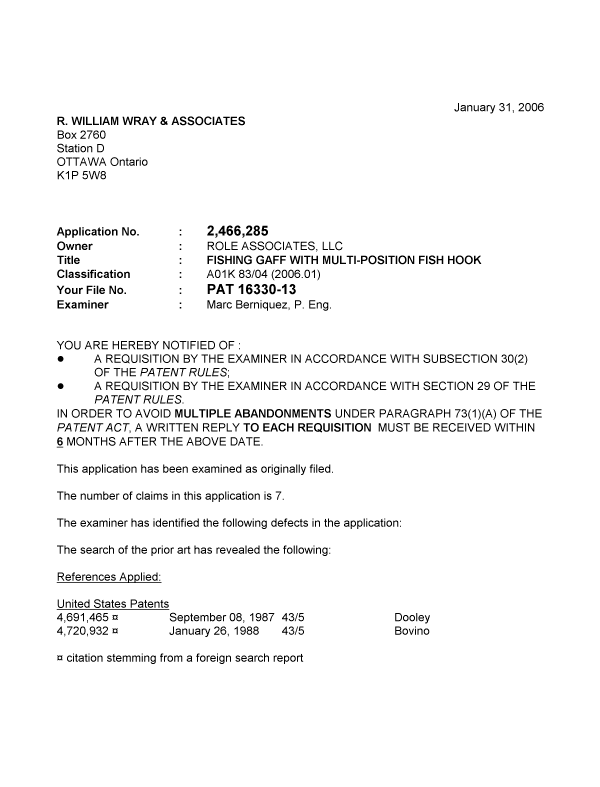 Canadian Patent Document 2466285. Prosecution-Amendment 20060131. Image 1 of 3