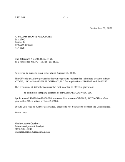 Canadian Patent Document 2466285. Correspondence 20060920. Image 1 of 1