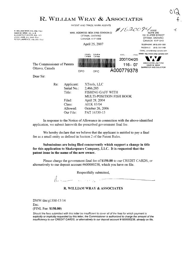 Canadian Patent Document 2466285. Correspondence 20070425. Image 1 of 1