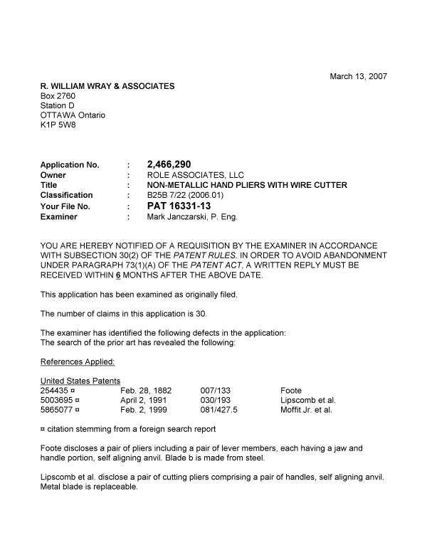 Canadian Patent Document 2466290. Prosecution-Amendment 20070313. Image 1 of 3