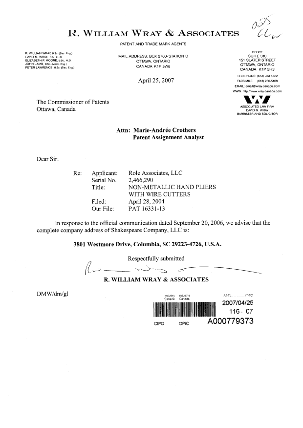Canadian Patent Document 2466290. Assignment 20070425. Image 1 of 1