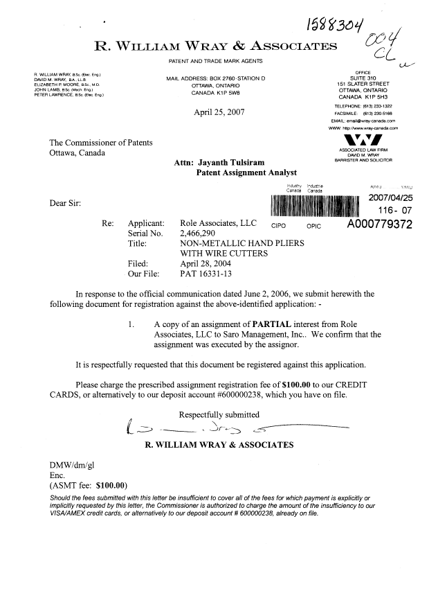 Canadian Patent Document 2466290. Assignment 20070425. Image 1 of 3