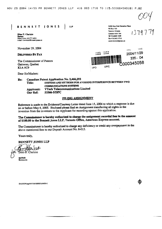 Canadian Patent Document 2466293. Assignment 20041129. Image 1 of 8