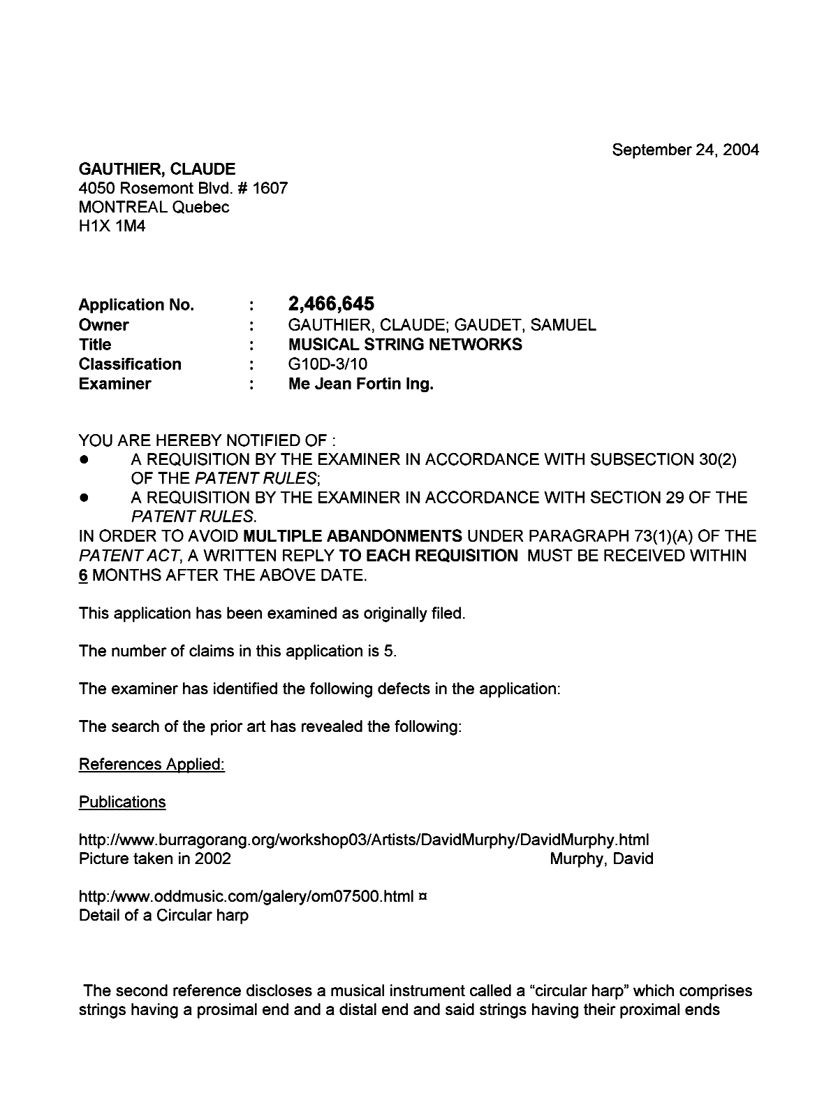 Canadian Patent Document 2466645. Prosecution-Amendment 20031224. Image 1 of 3