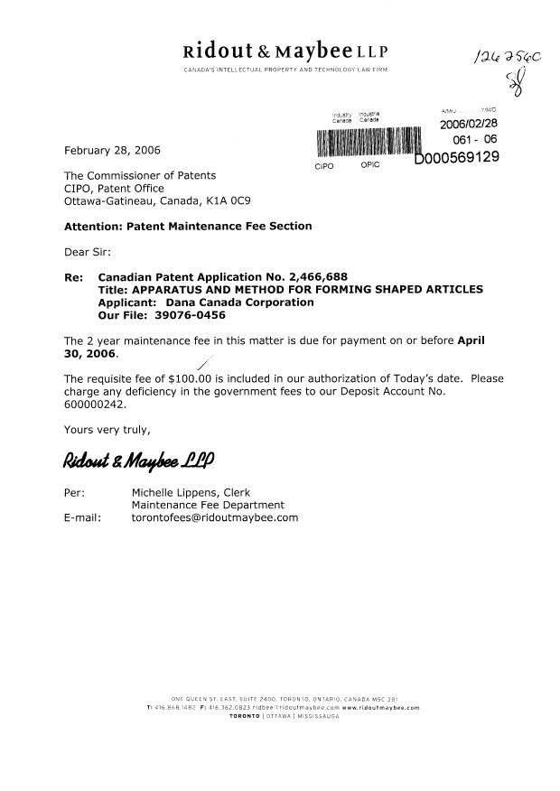 Canadian Patent Document 2466688. Fees 20060228. Image 1 of 1