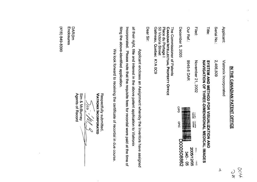 Document de brevet canadien 2466809. Cession 20051205. Image 1 de 8