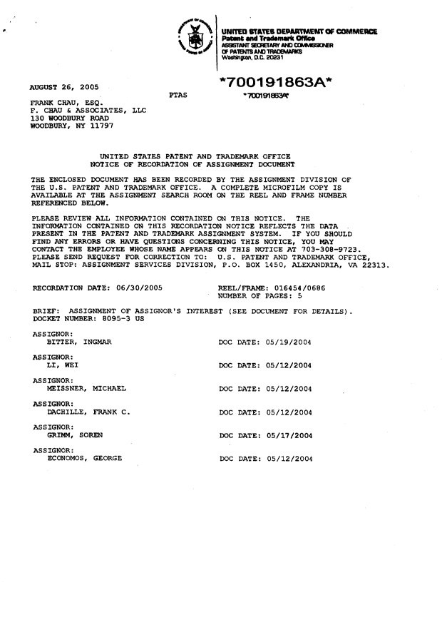 Document de brevet canadien 2466809. Cession 20051205. Image 2 de 8