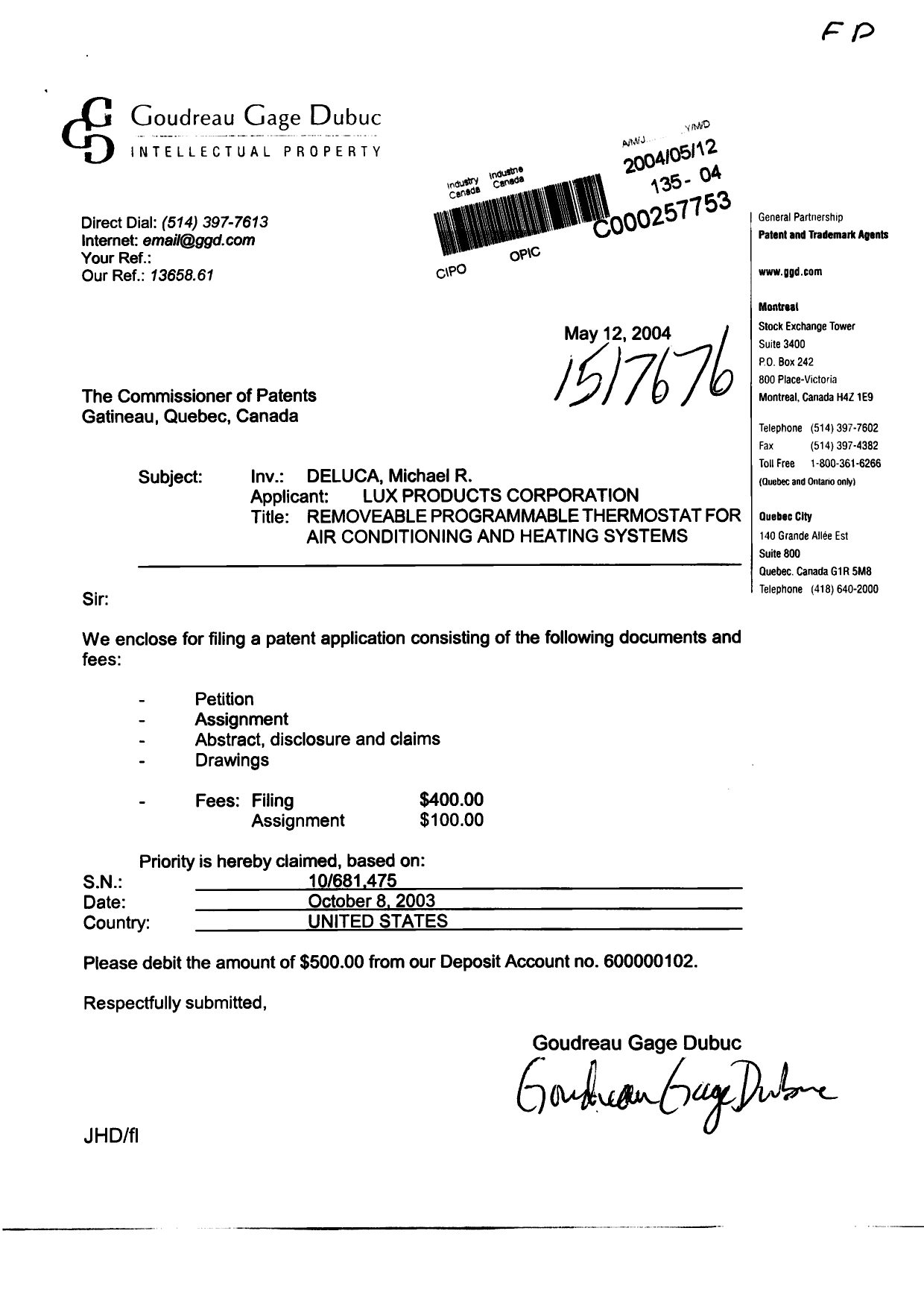 Document de brevet canadien 2466853. Cession 20040512. Image 1 de 4