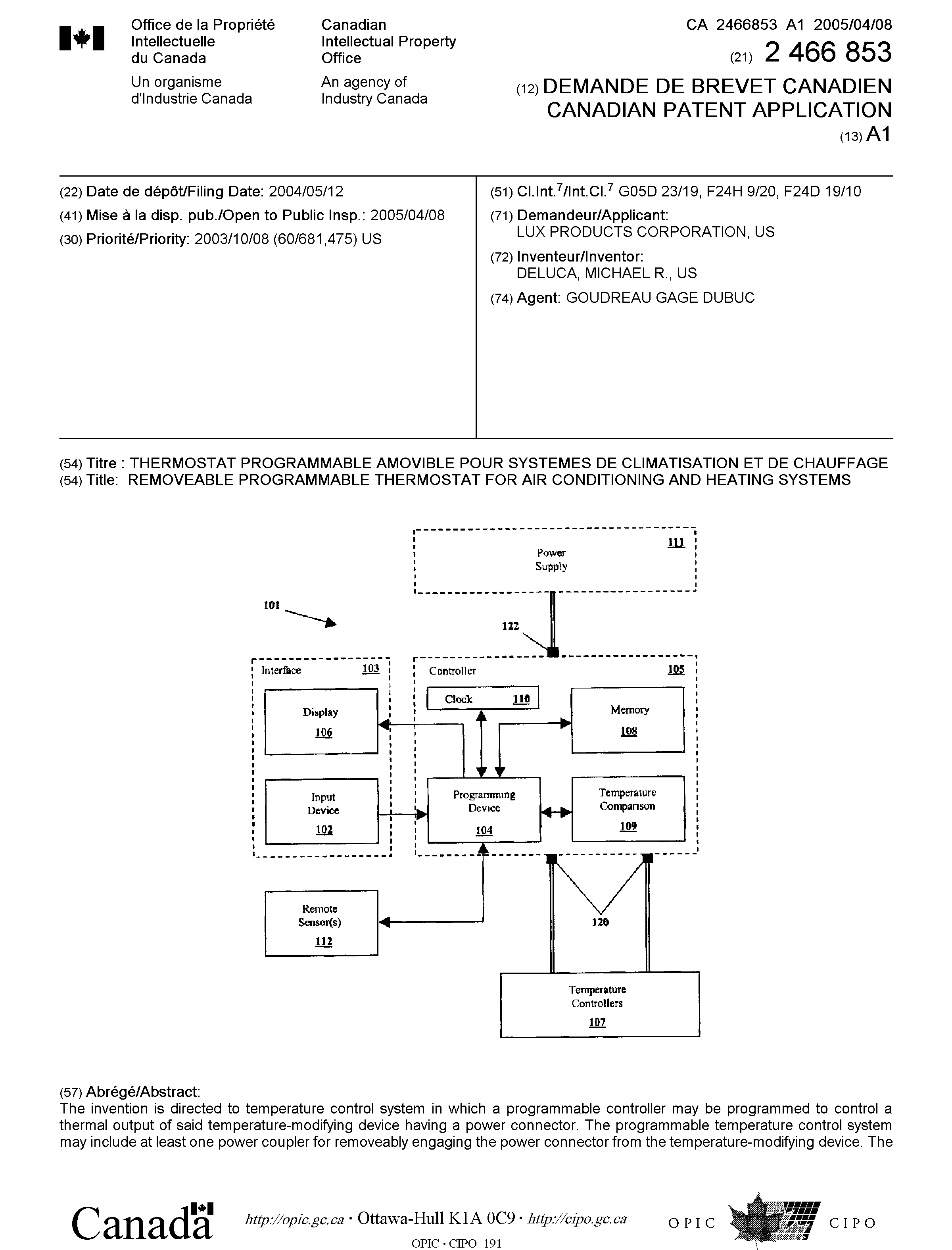 Canadian Patent Document 2466853. Cover Page 20050323. Image 1 of 2