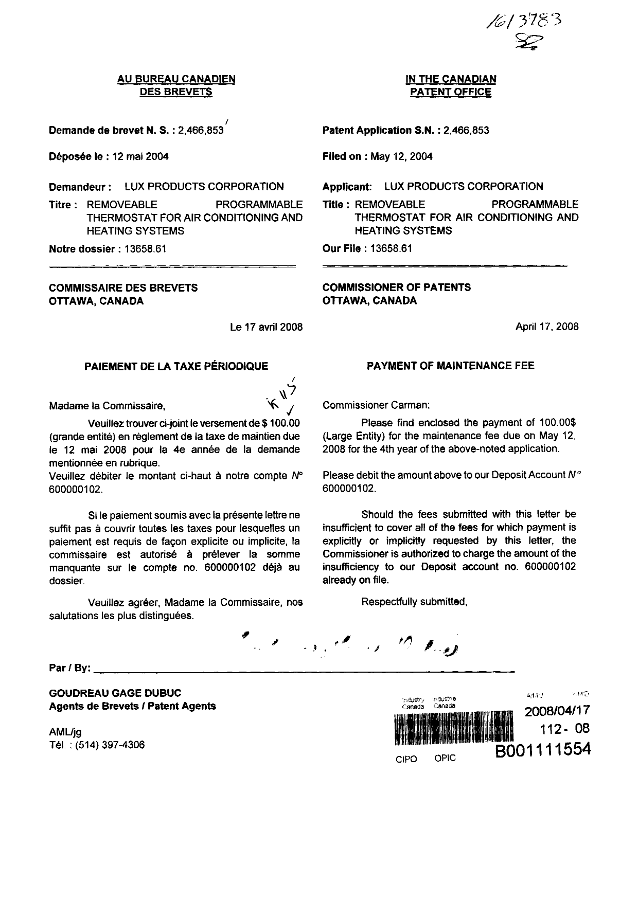 Document de brevet canadien 2466853. Taxes 20080417. Image 1 de 1