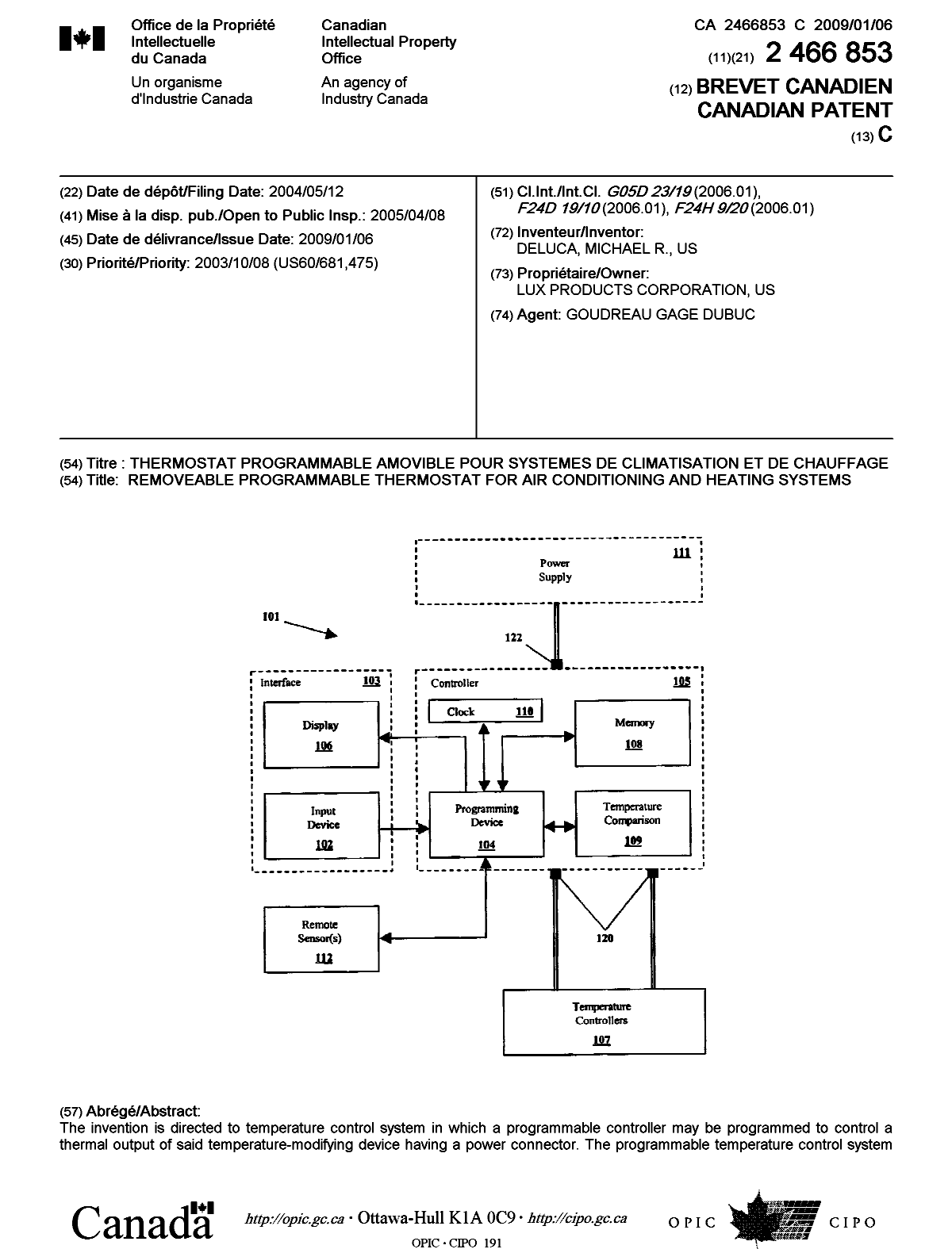 Document de brevet canadien 2466853. Page couverture 20081217. Image 1 de 2