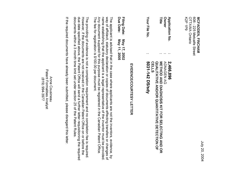 Canadian Patent Document 2466896. Correspondence 20040712. Image 1 of 1