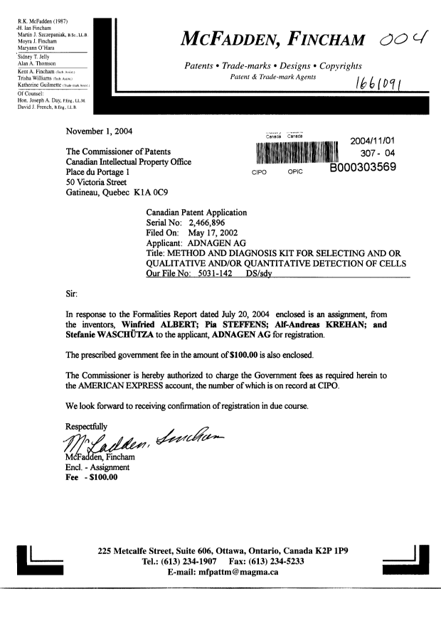 Document de brevet canadien 2466896. Cession 20041101. Image 1 de 3