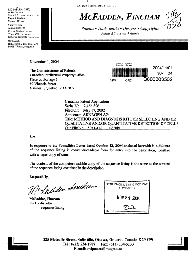 Canadian Patent Document 2466896. Prosecution-Amendment 20041101. Image 1 of 8