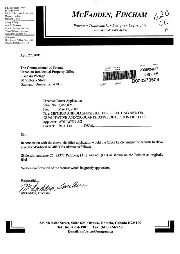 Canadian Patent Document 2466896. Correspondence 20050427. Image 1 of 1