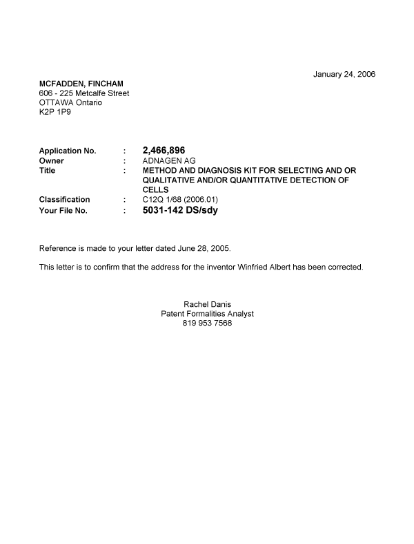 Document de brevet canadien 2466896. Correspondance 20060117. Image 1 de 1