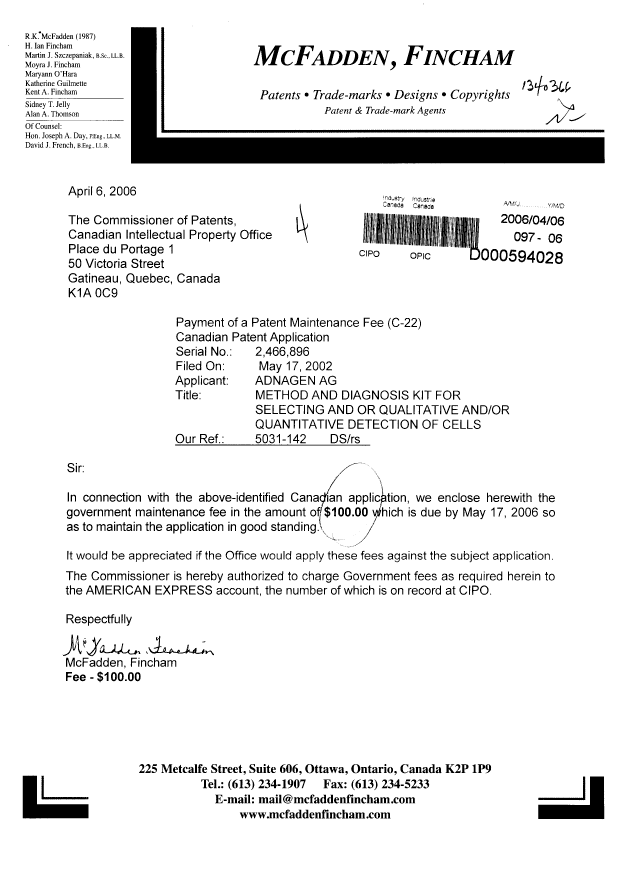 Canadian Patent Document 2466896. Fees 20060406. Image 1 of 1