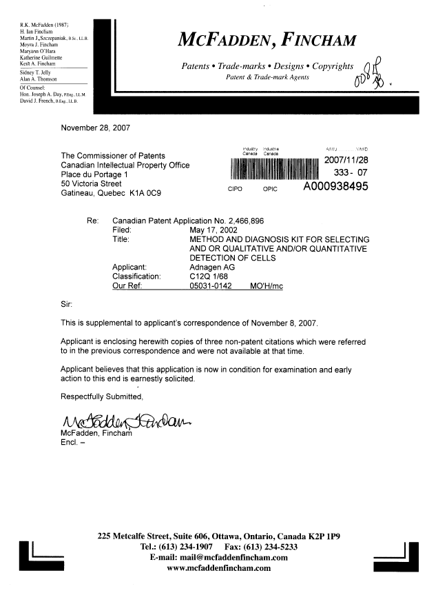 Canadian Patent Document 2466896. Prosecution-Amendment 20071128. Image 1 of 1