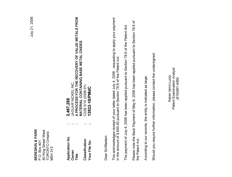 Document de brevet canadien 2467288. Correspondance 20051221. Image 1 de 1