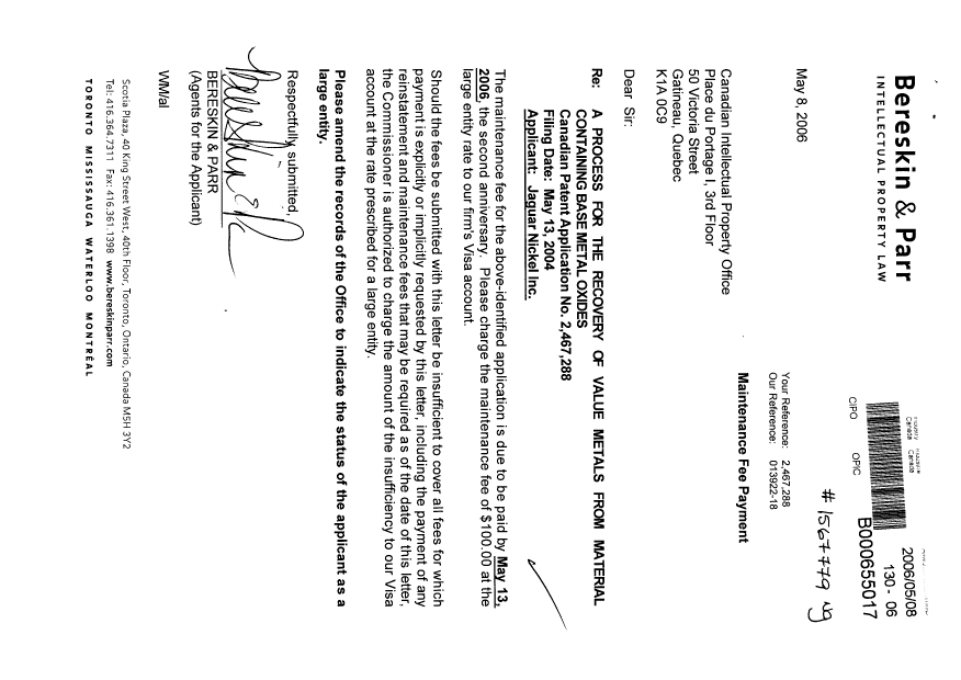 Document de brevet canadien 2467288. Taxes 20060508. Image 1 de 1