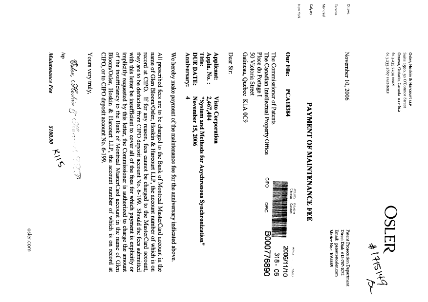 Document de brevet canadien 2467404. Taxes 20061110. Image 1 de 1