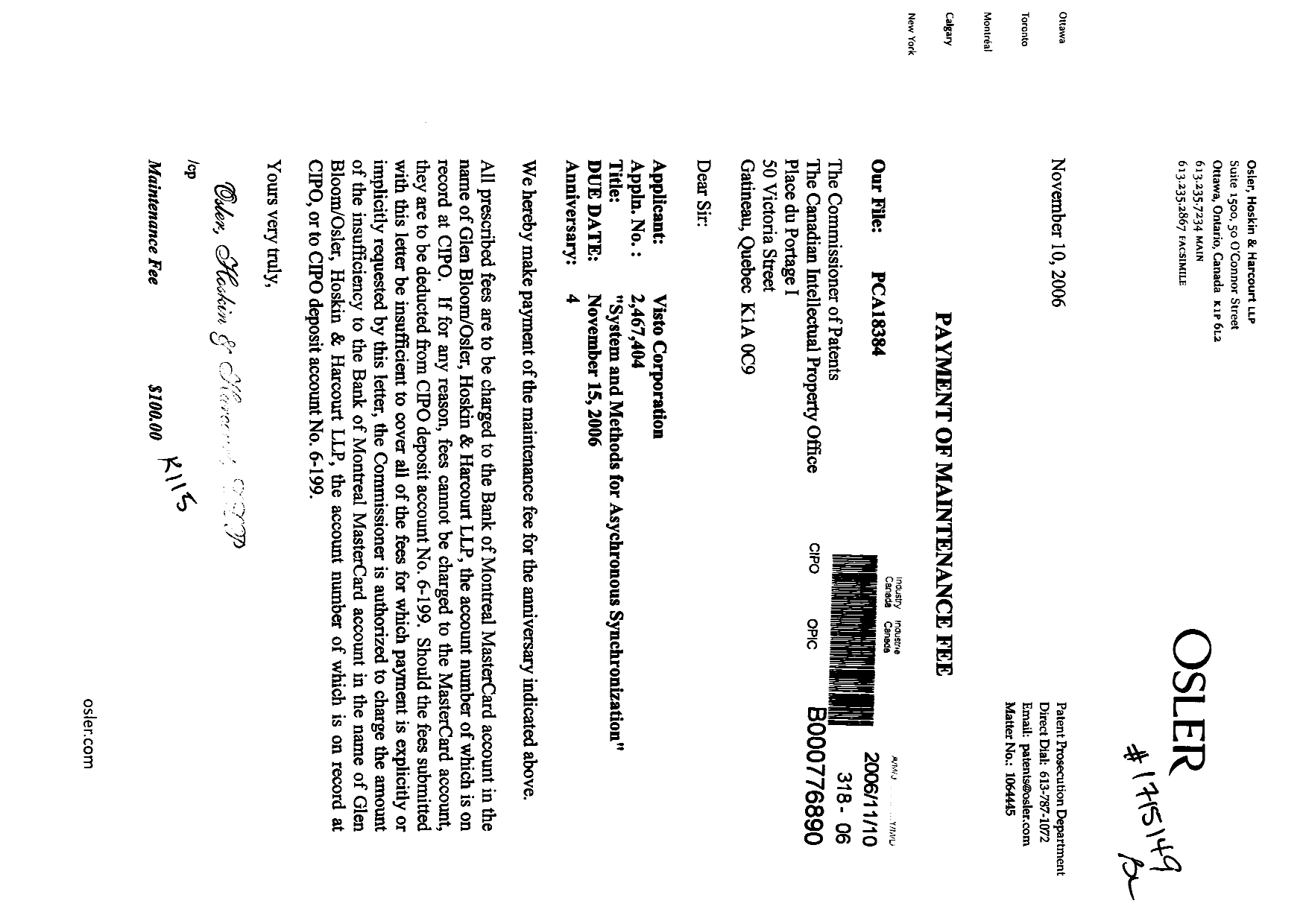 Canadian Patent Document 2467404. Fees 20061110. Image 1 of 1