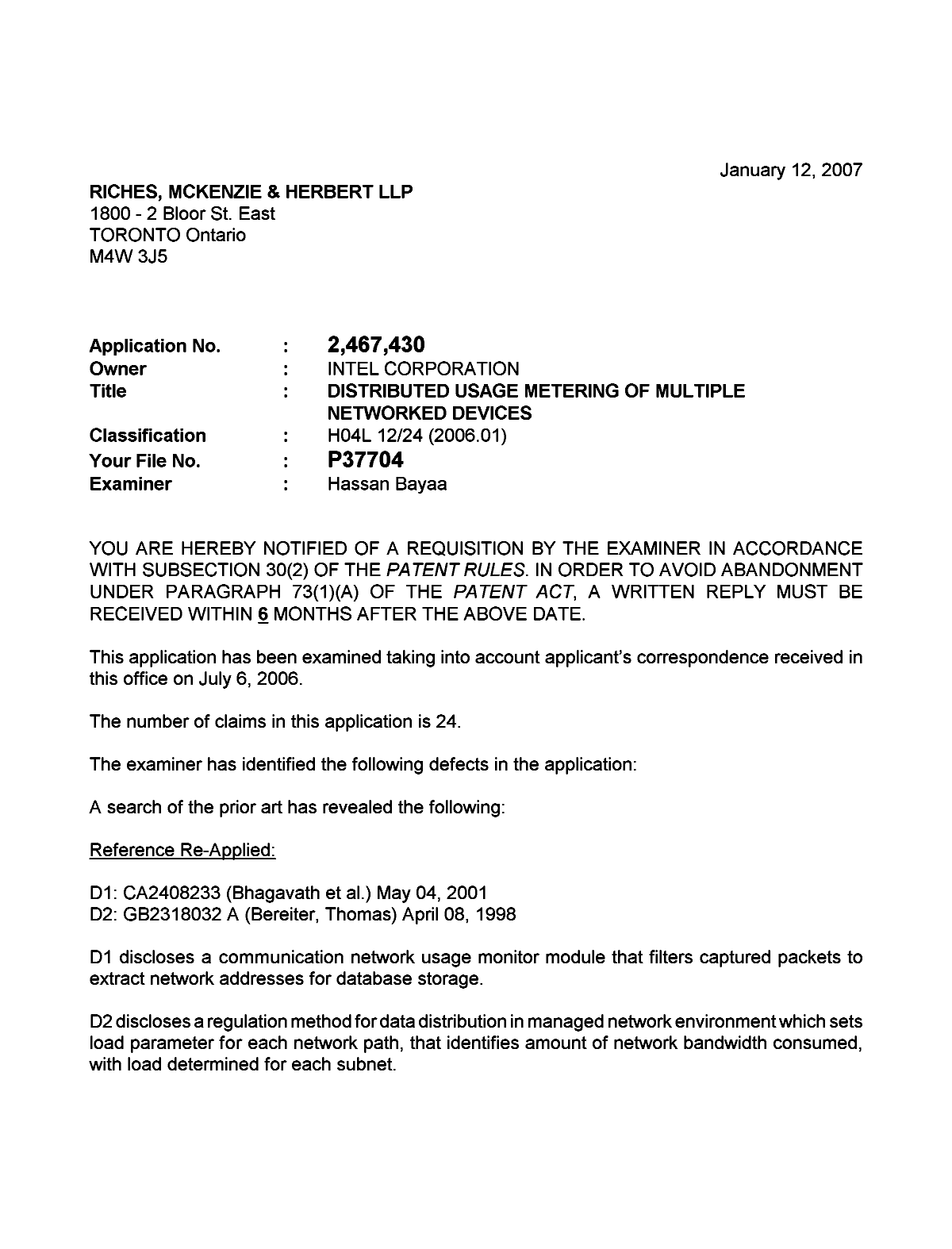 Canadian Patent Document 2467430. Prosecution-Amendment 20070112. Image 1 of 2