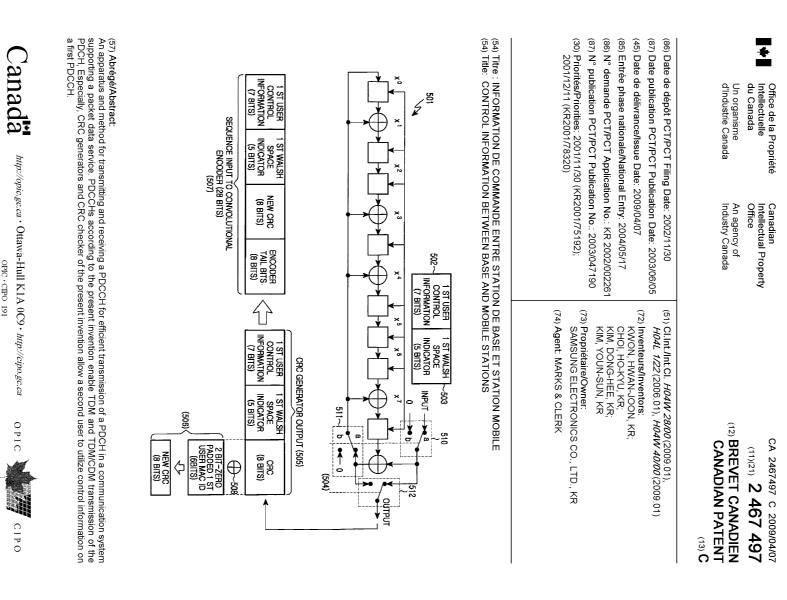 Document de brevet canadien 2467497. Page couverture 20090319. Image 1 de 1