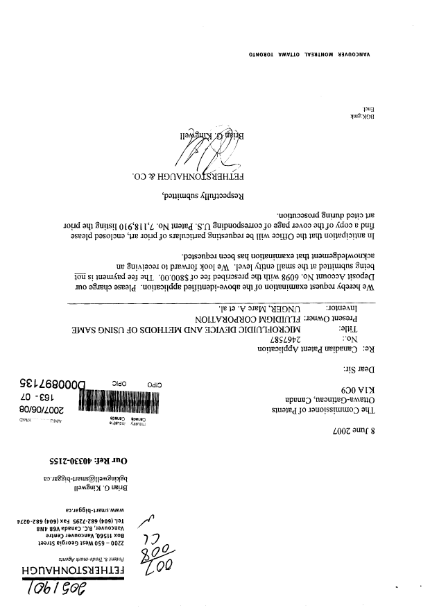 Canadian Patent Document 2467587. Prosecution-Amendment 20070608. Image 1 of 1