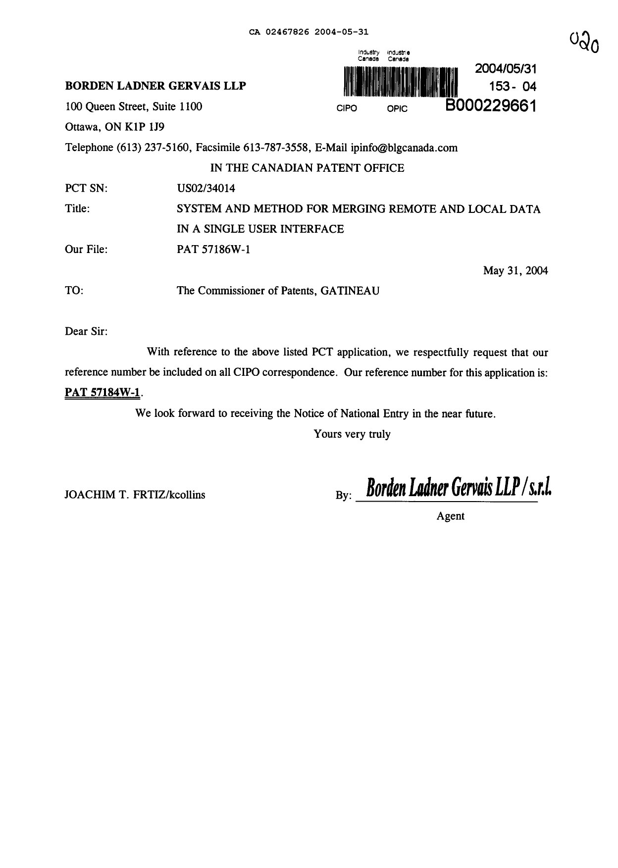 Document de brevet canadien 2467826. Correspondance 20040531. Image 1 de 1