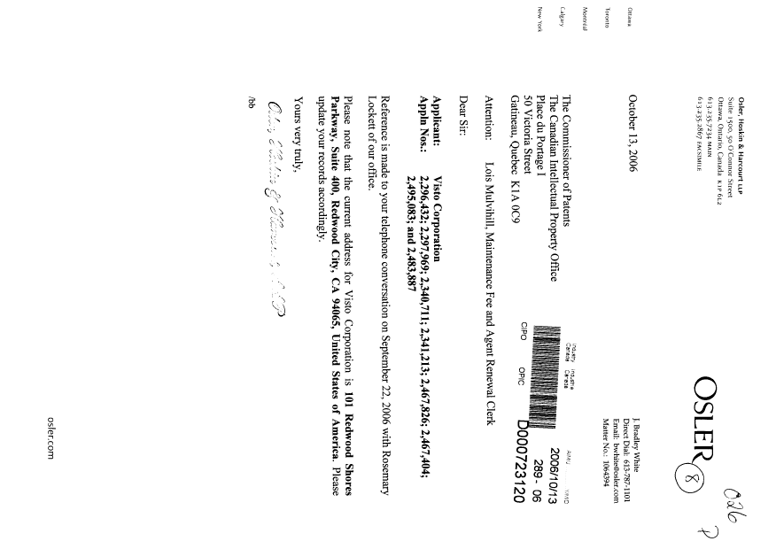 Document de brevet canadien 2467826. Correspondance 20061013. Image 1 de 1