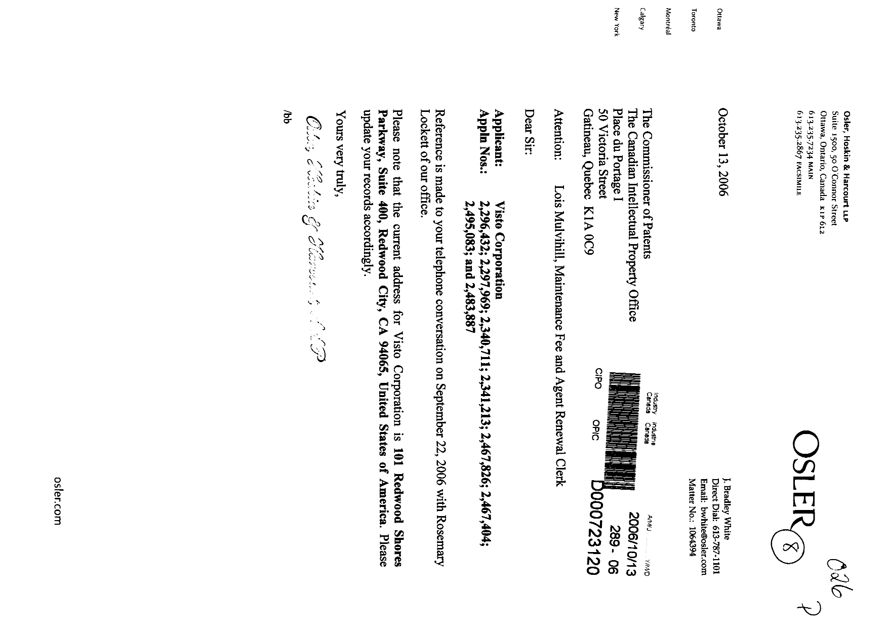 Canadian Patent Document 2467826. Correspondence 20061013. Image 1 of 1