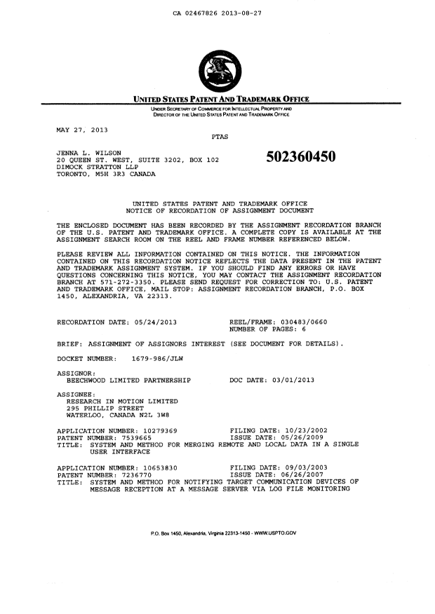 Document de brevet canadien 2467826. Cession 20130827. Image 2 de 8