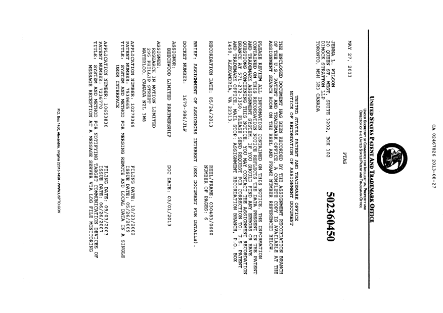 Canadian Patent Document 2467826. Assignment 20130827. Image 2 of 8