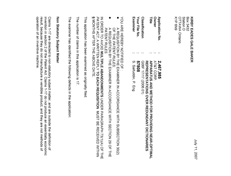 Document de brevet canadien 2467985. Poursuite-Amendment 20070711. Image 1 de 3