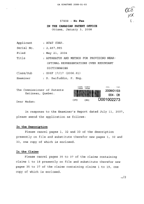 Document de brevet canadien 2467985. Poursuite-Amendment 20080103. Image 1 de 10