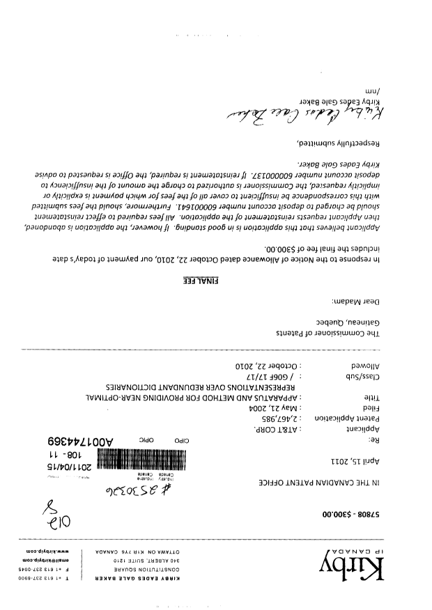Canadian Patent Document 2467985. Correspondence 20110415. Image 1 of 1