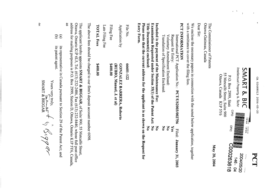 Document de brevet canadien 2468013. Cession 20040520. Image 1 de 2
