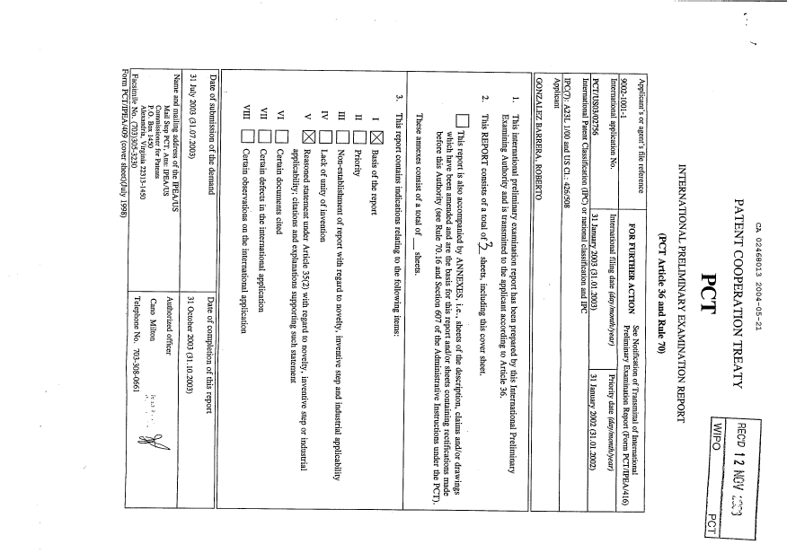 Document de brevet canadien 2468013. PCT 20040521. Image 1 de 3
