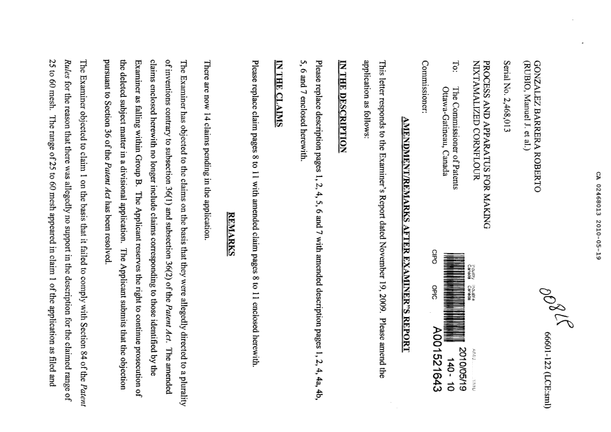Document de brevet canadien 2468013. Poursuite-Amendment 20100519. Image 1 de 15