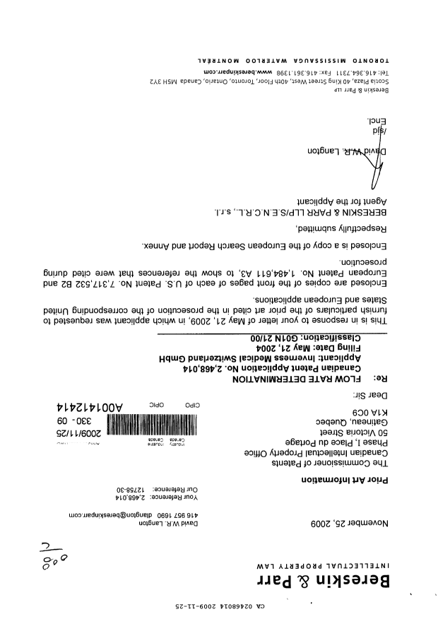 Canadian Patent Document 2468014. Prosecution-Amendment 20091125. Image 1 of 1