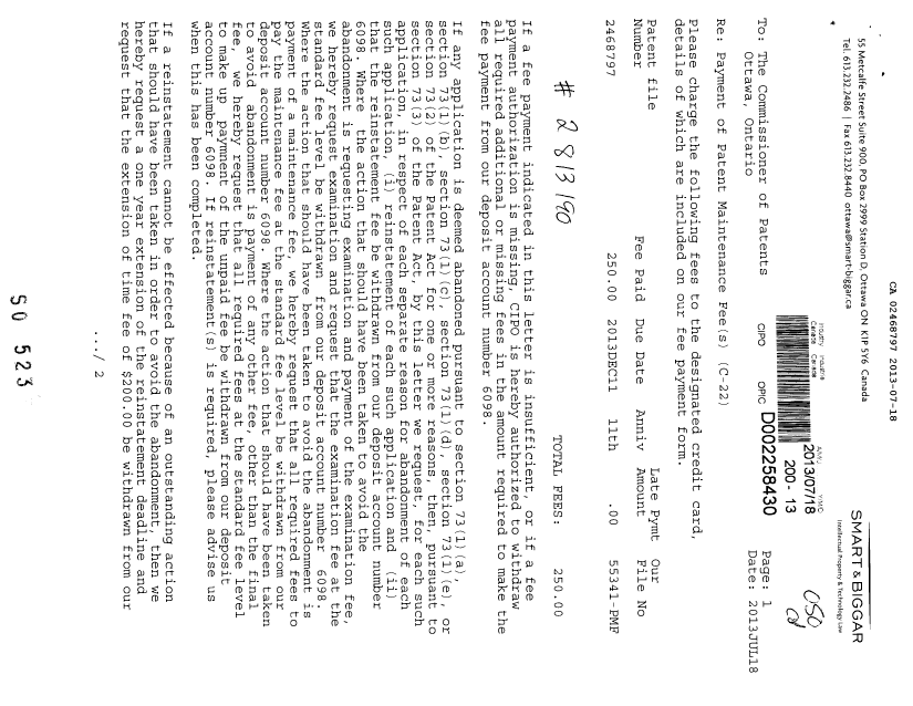 Document de brevet canadien 2468797. Taxes 20121218. Image 1 de 2