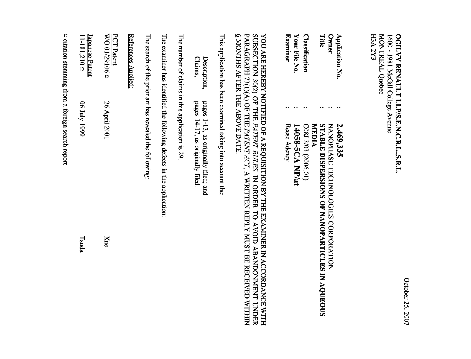 Canadian Patent Document 2469335. Prosecution-Amendment 20071025. Image 1 of 3