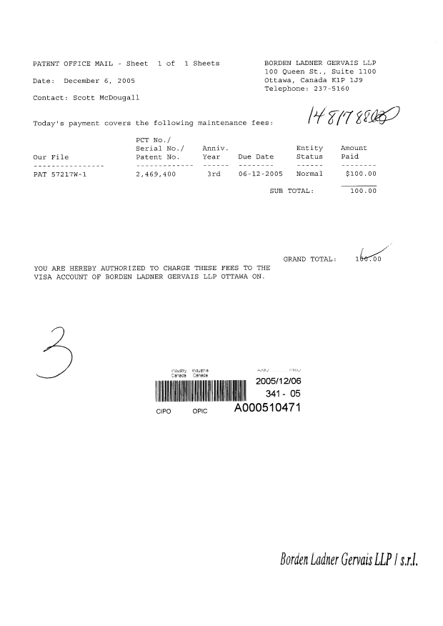 Document de brevet canadien 2469400. Taxes 20051206. Image 1 de 1