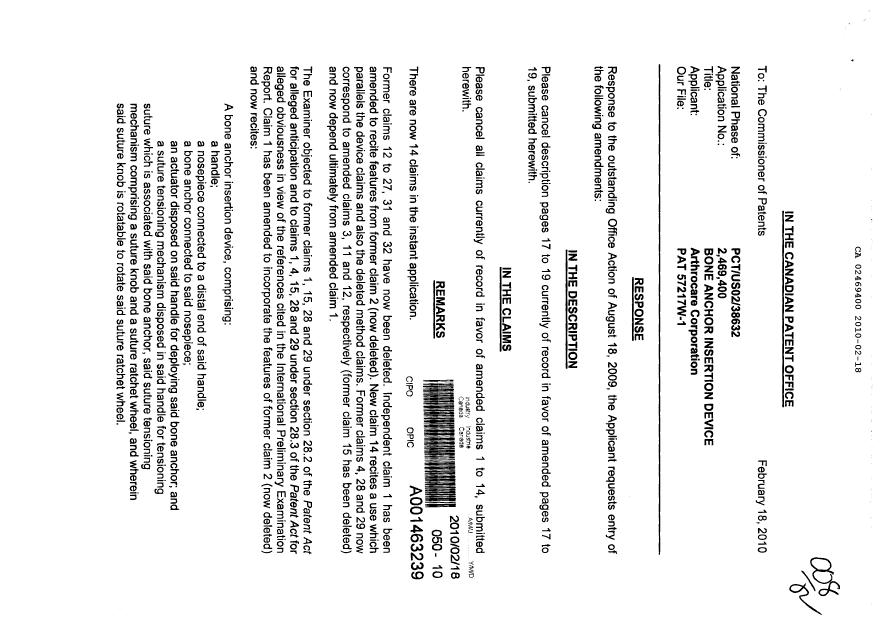 Document de brevet canadien 2469400. Poursuite-Amendment 20100218. Image 1 de 8