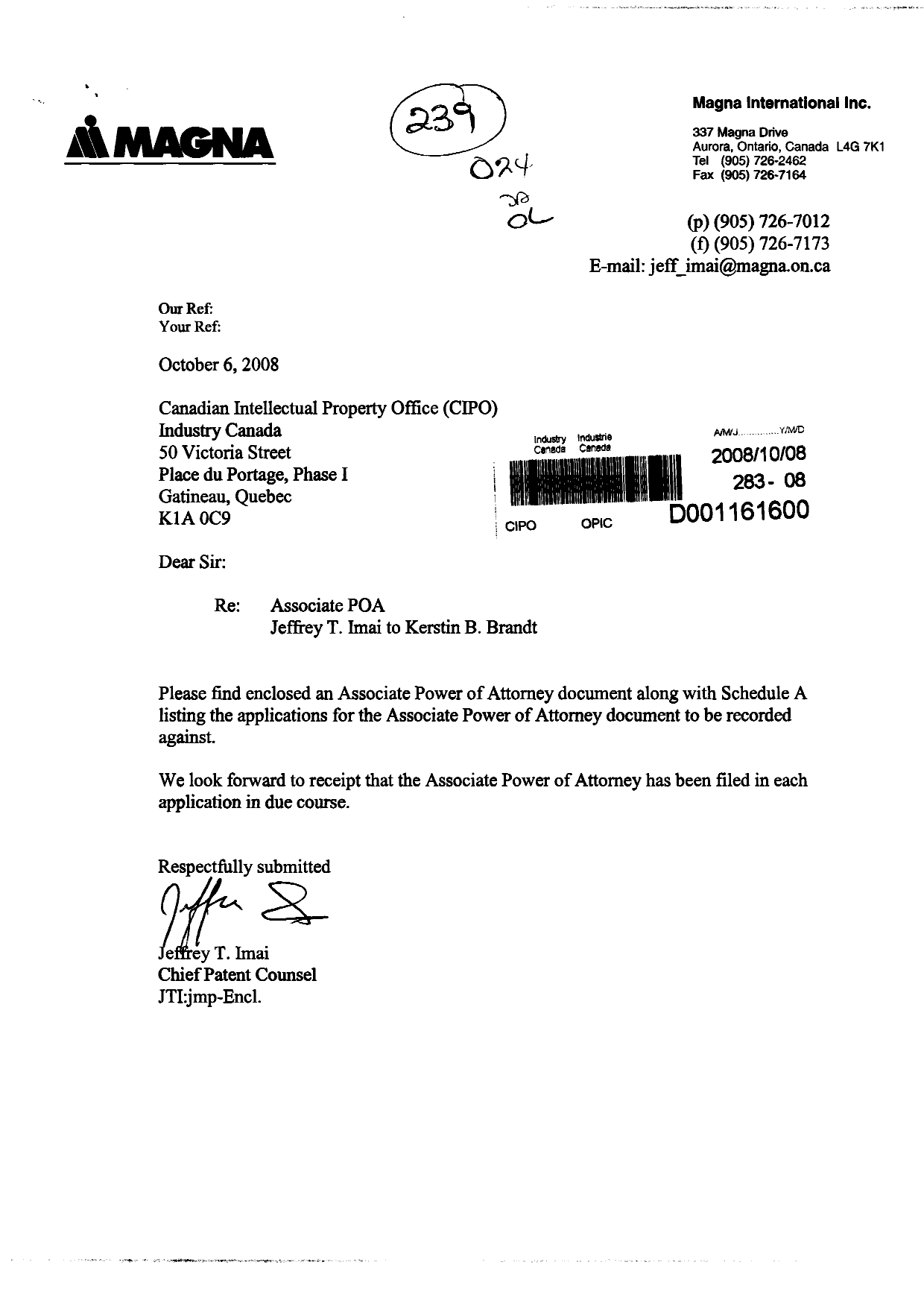 Document de brevet canadien 2469497. Correspondance 20081008. Image 1 de 17