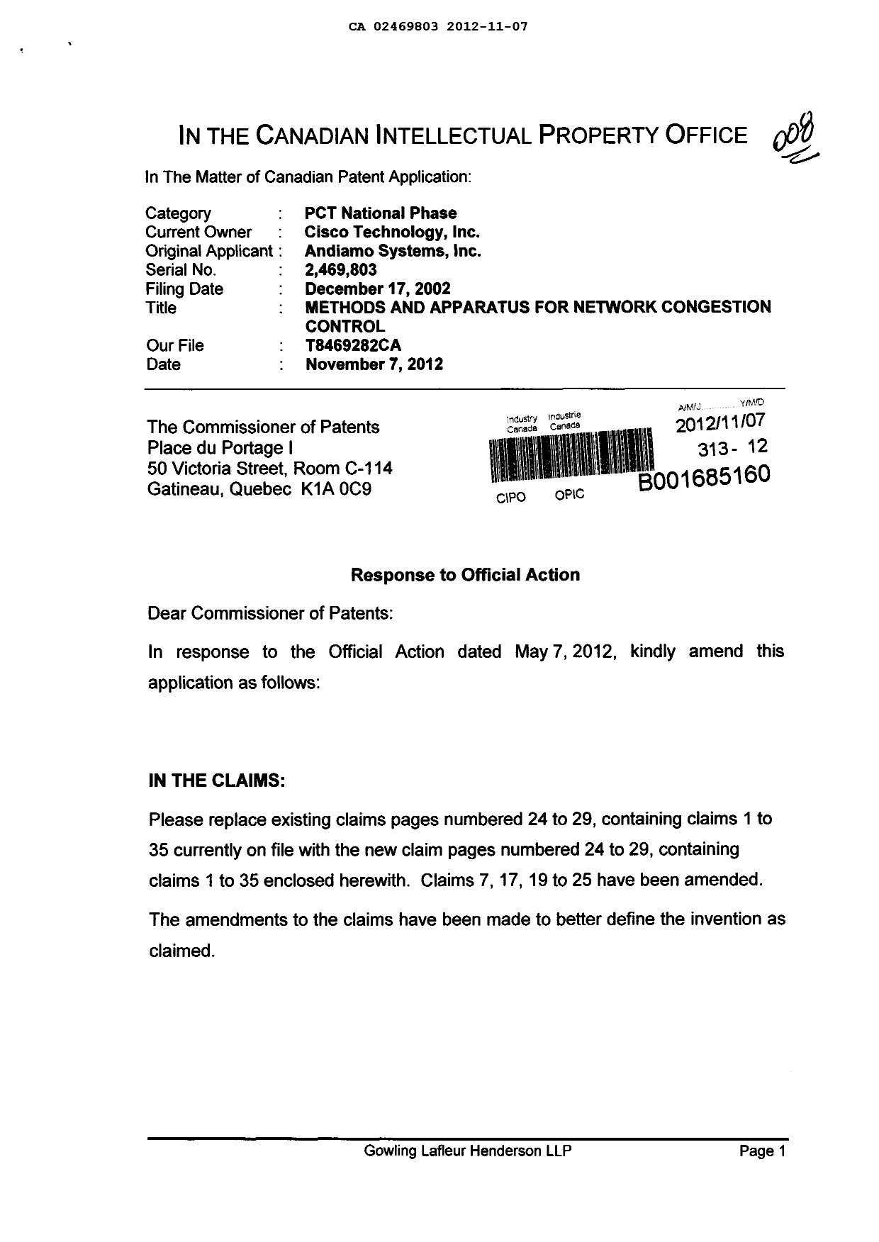 Canadian Patent Document 2469803. Prosecution-Amendment 20111207. Image 1 of 9