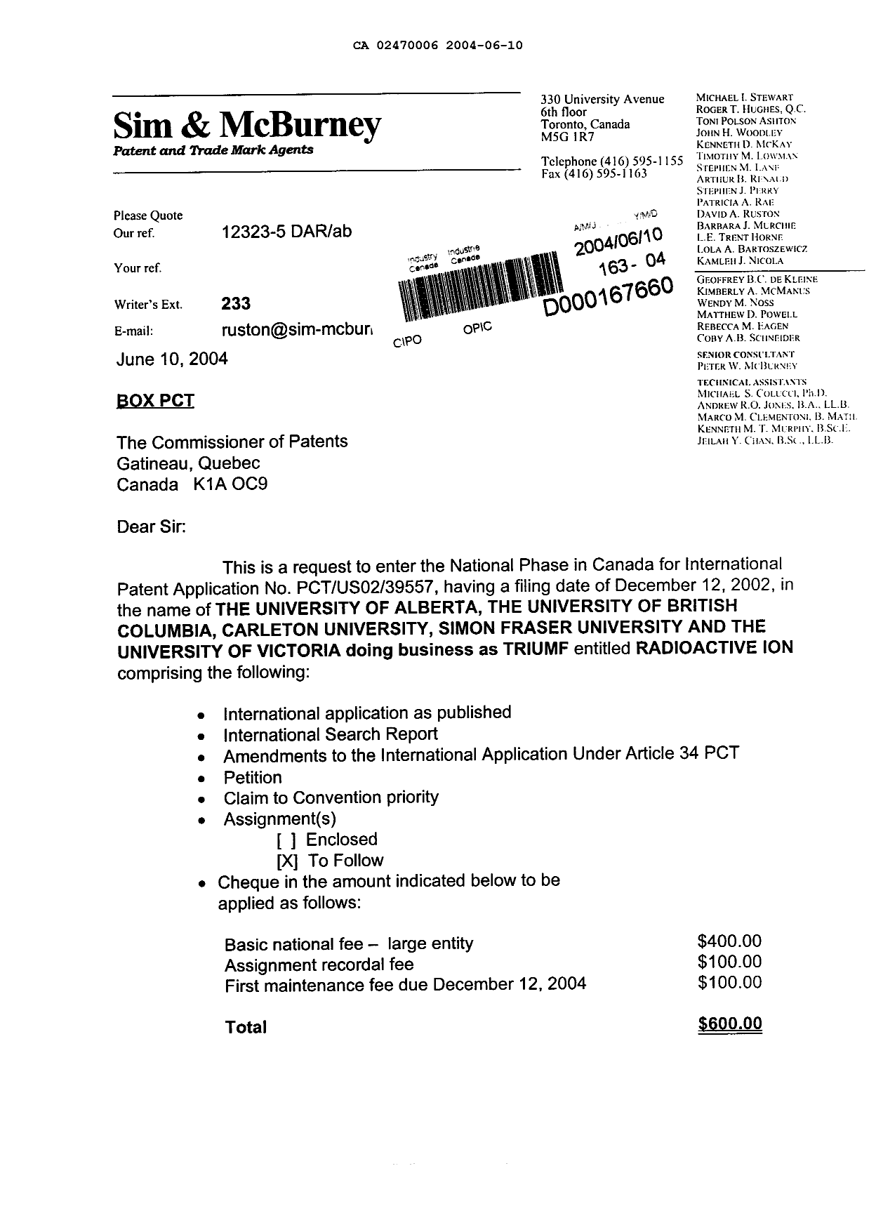 Document de brevet canadien 2470006. Cession 20040610. Image 1 de 3